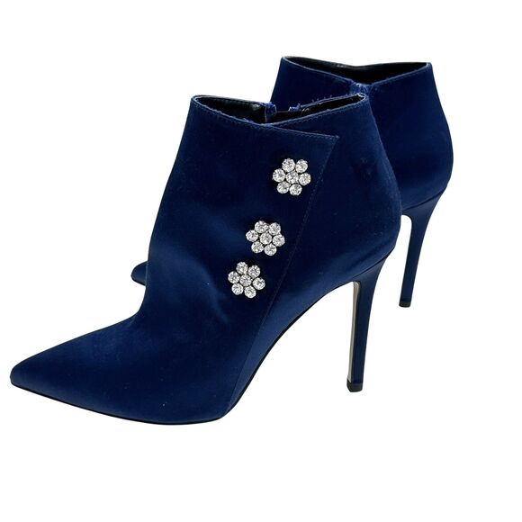 Neiman Marcus Silk Navy Pointed Toe Flower Bling Stiletto Ankle Boots Size 6.5 - Picture 4 of 12